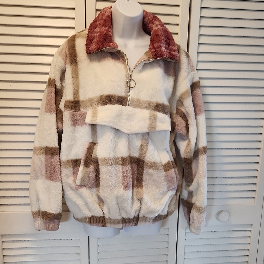 Easel Cream and Brown Teddy Jacket with Pink Accents - Picture 2 of 9